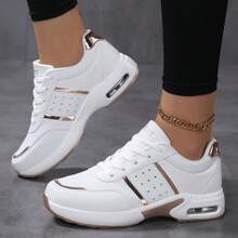 Zapatos casuales de mujer con amortiguación de aire, de piel de PU ligera, para primavera/otoño, en talla grande. Zapatillas de mujer con parches dorados - platino - Ver 8