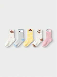 Balabala Kids Socks Girls Cotton Mid-Calf 5 Packs Sweet Print - Red and White - View 1