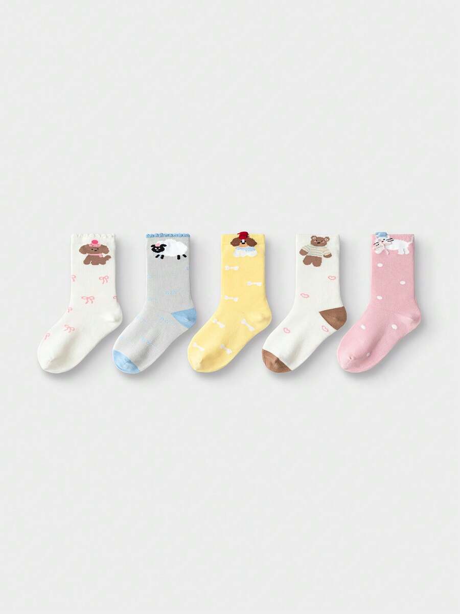 Balabala Kids Socks Girls Cotton Mid-Calf 5 Packs Sweet Print - Red and White - View 1