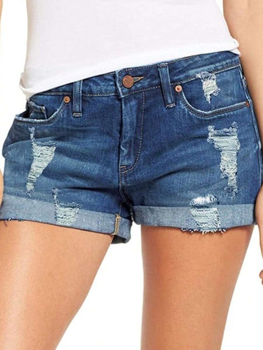Women's Ripped Folded Hem Casual Denim Jean Shorts With Pocket, Mid Waisted Stretchy Short Jeans For Holiday Home - Xanh đậm - Xem 1
