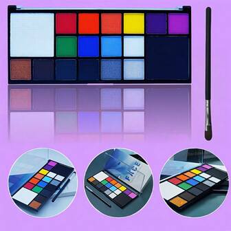 18-Color Paint Palette - Cream-Based Coloring With Black, White & Rainbow Colors, High Adhesion & Quick-Dry For Halloween, Cosplay & Festivals (, Water-Activated, Kit With Brushes)