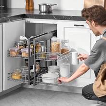 Min 15"W Opening Blind Corner Pull Out Organizer, 2 Tier 4 Shelf Kitchen Cabinet Organizer, Chrome Carbon Steel Storage Basket, Slide Out Storage Organizer, Left & Right Open Compatible - Silver - View 1