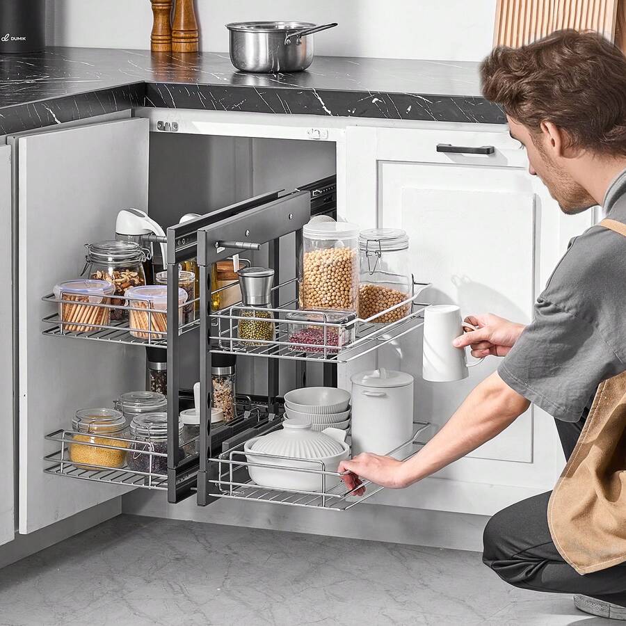 Min 15"W Opening Blind Corner Pull Out Organizer, 2 Tier 4 Shelf Kitchen Cabinet Organizer, Chrome Carbon Steel Storage Basket, Slide Out Storage Organizer, Left & Right Open Compatible - Silver - View 1