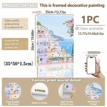 1pc, Canvas Framed Wall Art, Positano Coast Artwork, Pink Villa Decorative Painting, Mediterranean Style Decor, Italian Coastal Scenery, Folk Art Style, Spring Wall Art, Fashionable Home Decor, Room Decor, Bedroom Decor, Dormitory Decor, Living Room Decor