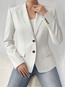 HOMEYEE Textured Plaid Lapel Collar Long Sleeve Casual Elegant Business Office Blazer Jacket, Autumn/Winter - White - View 3