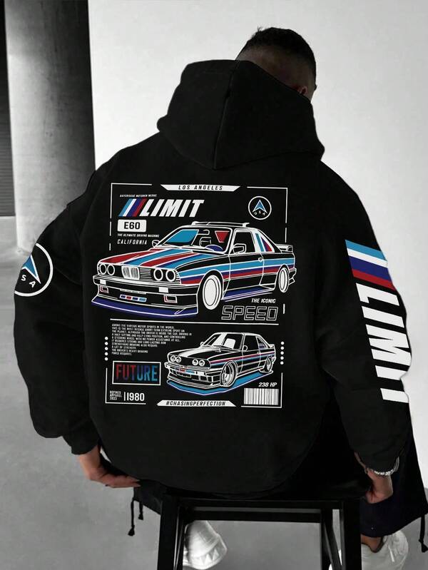 Men's Casual Loose Fit Car Graphic Thermal Lined Hoodie Sweatshirt, Autumn/Winter
