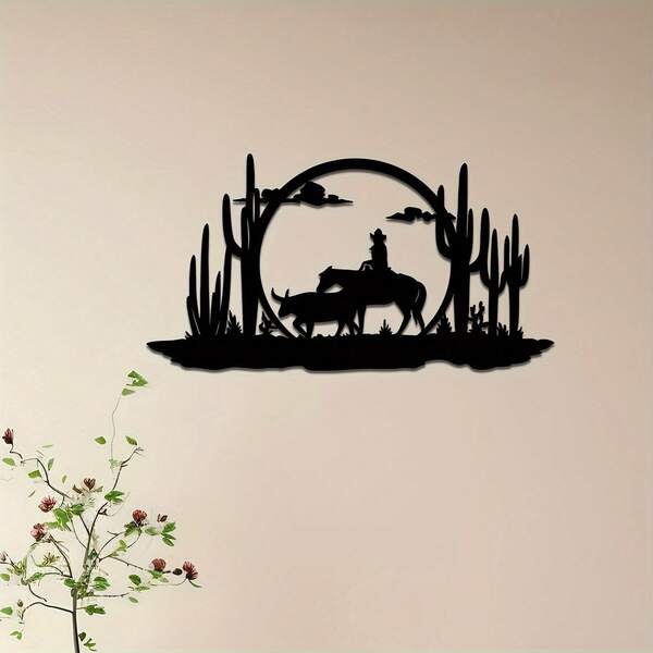 1 pieza Obra de arte de pared de metal con paisaje desértico, vaquero y cactus - Decoración del hogar inspirada en la naturaleza con encanto rústico, perfecta para la sala de estar, el dormitorio, el estilo campestre - Idea de regalo ideal para entusiastas de la naturaleza y amantes del campo