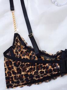 Women's Lingerie Set, Black Leopard Lace Trim With Gold Chain, 1/4 Cup Open Slit Hollow Design - Black - View 6