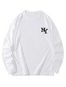 女士休闲棉质宽松字母印花圆领长袖T恤，时尚百搭，春秋季白色 - 白色 - 查看 3