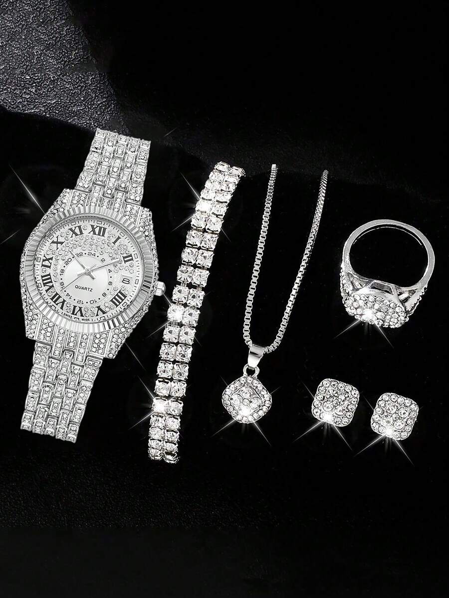 6 件/套优雅女士钻石镶嵌石英表（合金表带），搭配时尚手链套装，是送给妈妈或女友的理想礼物 - 銀色 - 查看 1
