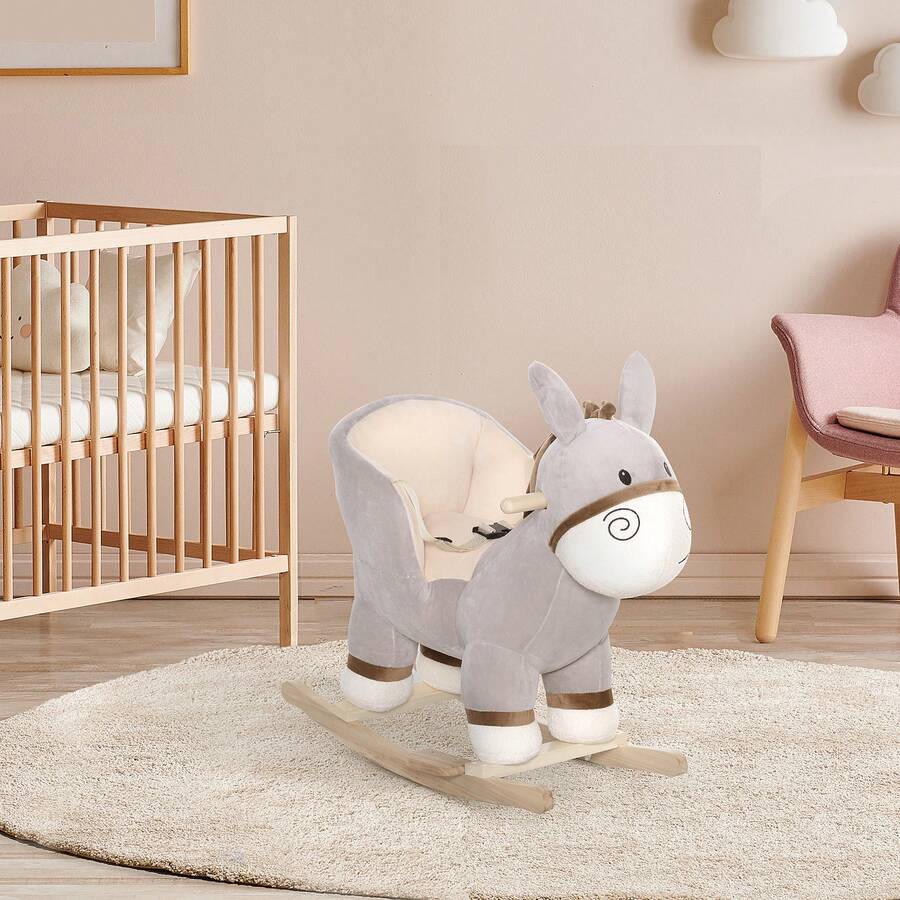 HOMCOM Kids Rocking Horse, Children Plush Ride On Donkey Animal Rocker W/ Sound, Wood Base Seat, Ty Belt, Baby Toy Rocker For Toddler 18 - 36 Months, Grey - Grey - View 1