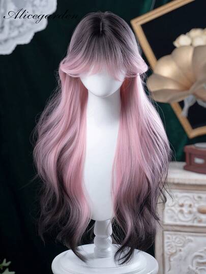alicegarden 1 Synthetic Heat-Resistant Wig, Multi-Color Long Rolled Wig With Bangs, 30 Feet Long, Made Of Fiber, Suitable For Daily Use, Natural Simulation Wig