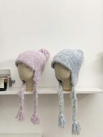 1 pieza Gorro de punto para mujer con flecos, cálido y versátil para otoño/invierno, protección de orejas, ajuste favorecedor