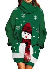 Pink Queen Ugly Christmas Sweater Dresses For Women Oversized Loose Fit Knit Dress With Pocket - 墨綠色 - 查看 6