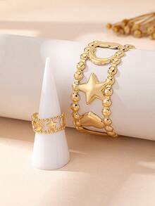 2件套镂空星月手链戒指套装，适合派对、聚会和日常佩戴 - 金色 - 查看 4