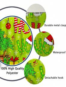 Cheerful Neon Green Christmas Cartoon Bathroom Set . Festive Holiday Decor | Cute Christmas Tree Wearing Santa Hat, Paired With Gifts, Candies And Snowflake Elements | Repeated "Ho" Text Adds Playfulness | Overall Design Is Bright And Lively, With Vivid Colors, Suitable For Children Or Households Who Enjoy Novel Colors | Includes Shower Curtain, Toilet Seat Cover, Bath Mat And Pedestal Mat