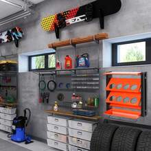 Soporte de pared metálico para botes de spray, organizador con 8 compartimentos, portarrollos y estantes para organizar garaje y taller.