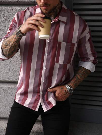 Men's Casual American Style Lucky Red Striped Print Long Sleeve Shirt, Fall