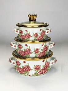 3pcs Enamel Coated Cookware Set: Milk Pot With Handles, Enamel Bowl, Mini Pot, Soup Pot, Ramen Bowl, Small Hot Pot, Thick Enamel Pot With Handles, Suitable For Induction Cooktop, Gas Stove, Cooking Small Portions Or Food Storage, Family Dinner Supplies, Christmas Party Supplies