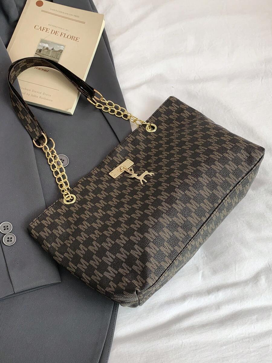 Bolso de mano de gran capacidad de moda 2024 para mujer, bolso de hombro de cadena vintage con estampado, adecuado para ir al trabajo - Café integral - Ver 1
