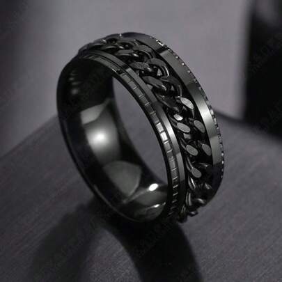 Anillo rotatorio antiestres, estilo vikingo, anillo don detalles de cadena, anillo para hombre, anillo elegante rotatorio con apliques negros, anillo color negro de cadena