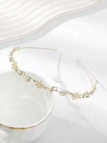 1 件珍珠和水钻花朵头带，甜美可爱风格，适合日常使用，高冠，洗脸发饰，女士发带，秋季服装，发箍 - 金色 - 查看 3