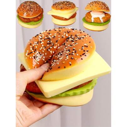 成人牛肉汉堡挤压玩具，1个装，汉堡包，食物，软绵绵，仿真食物，软绵绵玩具，牛肉汉堡，牛角面包，低回弹汉堡多层模型玩具，减压小工具，益智玩具，逼真PU材质，可拆卸，放松用品
