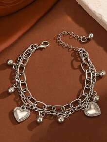 1pc Heart-Shaped Ball Pendant Chain Metal Alloy Bracelet, New Arrival