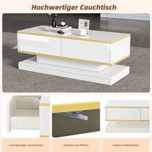 Couchtisch Beistelltisch mit Hochglanz,Wohnzimmertisch mit 2 großen Schubladen und goldenen Rändern,Sofatisch mit eingebautem Rückprallschalter,weiß