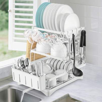 Aoshet Dish Drying Rack,Escurridor De Platos, Kitchen Organization And Storage,Kitchen Storage,3-Tier Dish Racks For Kitchen Counter, Dish Rack With Drainboard & Mat, Dish Drainer With Knife, Fork & Cup Rack, Gifts For Women, Mothers Day, Cool Stuff & Kitchen Gadgets,Christmas Decorations