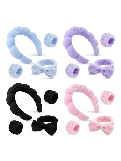 4 Packungen rosa Samt Spa Stirnbänder & Armband Set - Voluminöse Make-up & Hautpflege Stirnbänder zum Gesichtwaschen, Duschen & Hydrotherapie mit Schleifen & Blasen Design für Frauen & Mädchen