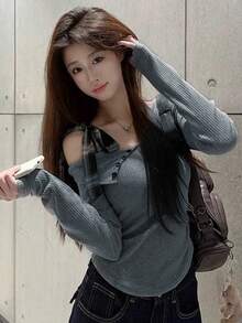 不对称蝴蝶结露肩针织毛衣，修身款女式长袖上衣 - 灰色 - 查看 7