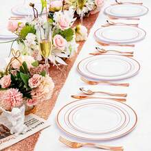 50/25/20/10/5pcs Reusable Washable White Round Rose Gold Rim Plates, Party Plates, Salad Plates, 10.25" And 7.5" Dinner Plates, Suitable For Christmas Gifts, Family Gatherings, Parties, Outdoor, Weddings, Restaurants, Kitchen