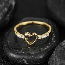 Women's Silver And Gold Ring With Hollow Heart And Zirconias, Delicate And Romantic Design, For Gift, Party And Daily Use - #20 - View 3