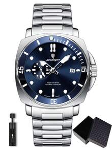 POEDAGAR 1件装商务男士不锈钢腕表，带旋转表圈、小秒针表盘设计、防水夜光日历功能，时尚石英腕表，适合工作场合，男士礼品