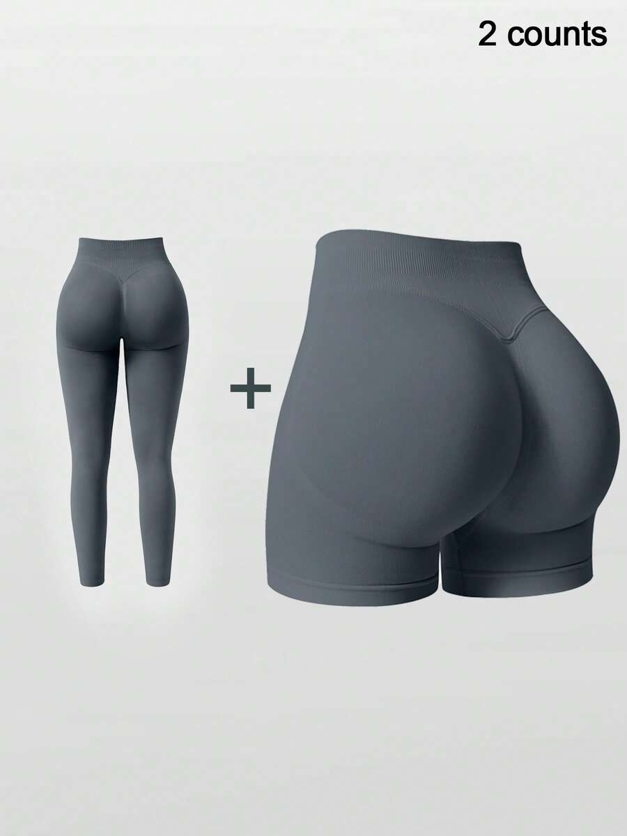 NcmRyu 2条装女士高腰塑身提拉瑜伽裤，适合健身户外运动紧身裤 - 深灰色 - 查看 1