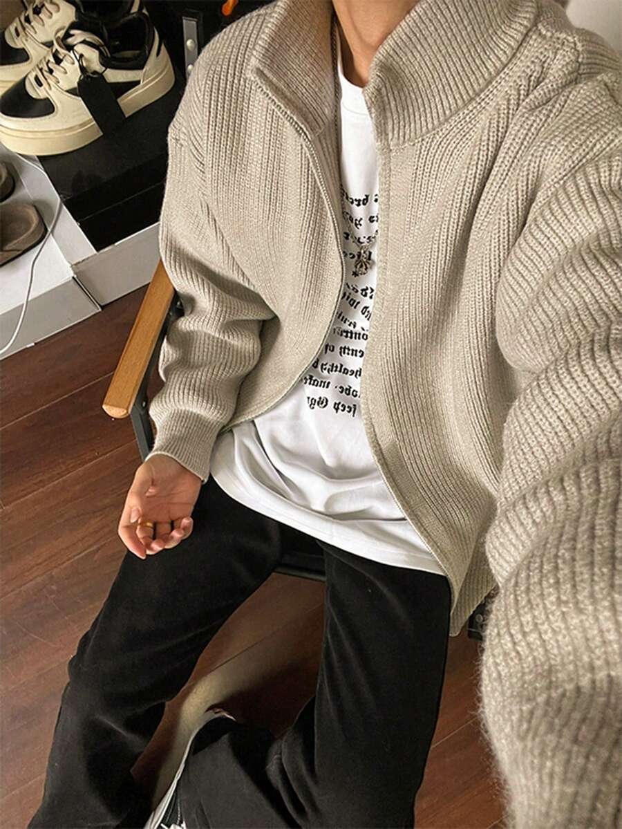 Men's Loose Solid Color Zip-Up Casual Versatile Long Sleeve Knit Sweater Jacket