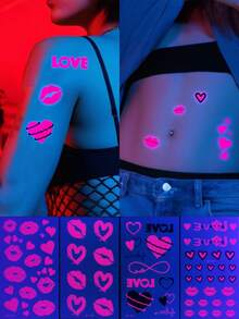 4 张夜光荧光爱心纹身贴，霓虹粉色心形临时防水纹身，持久，性感纹身贴，适用于男女身体化妆 - 玫紅色 - 查看 1