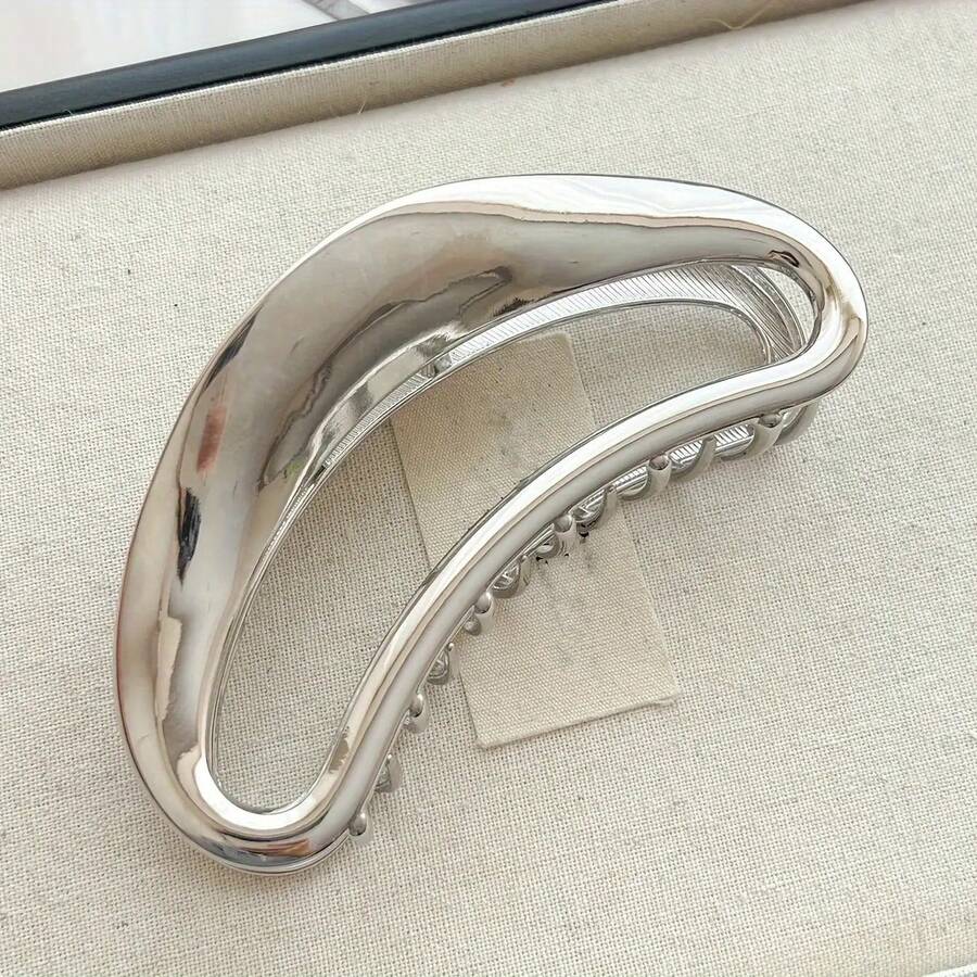 1 Unusual~ Ins High-End Silver Gray Design Metal Hair Clip For Women, Cold Style Shark Clip, Large Claw Clip Suitable For Daily Commuting And Outfits - 3925-1-亮銀月金屬抓夾 - 查看 1