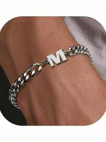 1pc Men's Versatile Uppercase English Letter Stainless Steel Bracelet, Waterproof, Suitable For Daily Wear, Parties, Gifts For Family And Friends - Silver - View 1