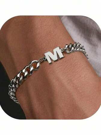 1pc Men's Versatile Uppercase English Letter Stainless Steel Bracelet, Waterproof, Suitable For Daily Wear, Parties, Gifts For Family And Friends