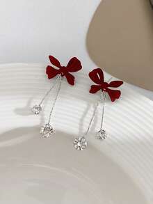 1 Pair Red Bow Tassel Long Earrings With Rhinestones, Suitable For Girl, Sweet Girl Earrings, Suitable For Christmas, Valentine's Day, Mother's Day, Gift (No Card)