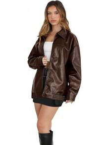 Womens Leather Jackets Faux Suede Oversized Fall Motorcycle Coats Fashion Winter Outfits Y2K Tops BPVW - 棕色 - 查看 6