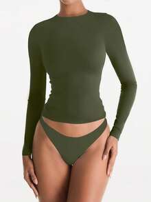 XLLAIS Camiseta de manga larga ajustada y elástica de color rojo brillante para mujer, de estilo casual y de club, para primavera - Verde militar - Ver 6