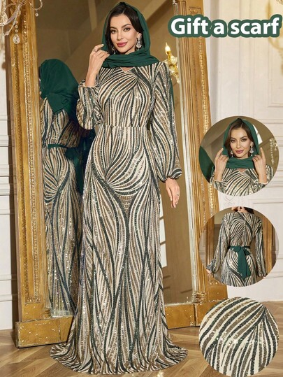 Abito lungo da donna con maniche lunghe, a righe zebrate, con paillettes eleganti color champagne e verde, abito da festa arabo con cintura e sciarpa rimovibili