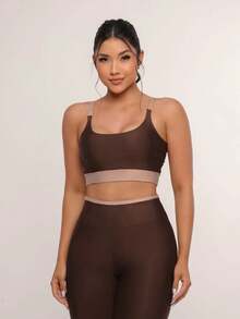 Premium Suplex Fitness Set With Pants And Non-Transparent Cup Top, Fitness Gym Clothing Kit, High Compression Leggings - 雙色棕色 - 查看 1
