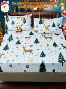 3pcs Polyester Digital Printing Christmas-Themed Bed Sheet Three Pieces Set With Blue Base, Christmas Tree & Cute Reindeer Patterns (1 Fitted Sheet + 2 Pillowcases, No Filling Included), Perfect For Room Decoration, Christmas Home Decor, And A Lovely Christmas Gift,Christmas Bedding