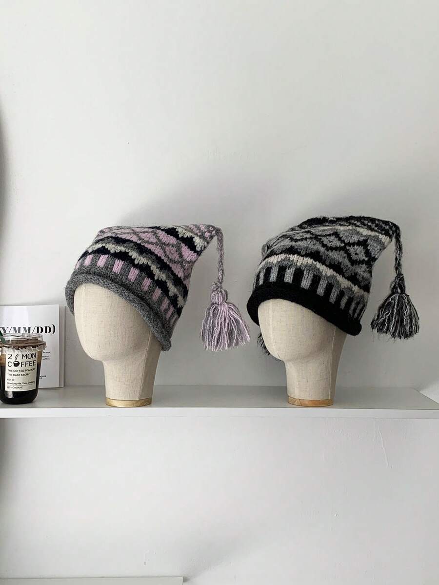 1pc Cute Braided Pattern Knitted Beanie Hat With Rolled Edge, Playful Devil Horn Design, Retro Icelandic Style Knitted Knit Winter Hat, Warm & Fashionable Earflap Hat With Patterned Scarf - Multicolor - View 1