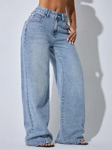 Jeans casuales de cintura baja y pierna ancha con bolsillos en diagonal, ropa de otoño para mujer - Azul - Ver 4