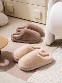 2025 Autumn/Winter New Thick Sole Solid Color Plush Warm EVA Height-Increasing Women's Indoor Slippers (Sole Color May Vary By Batch) - Beige - View 7